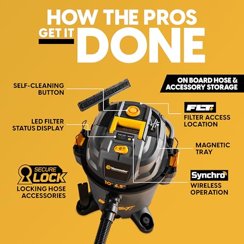 Vacmaster Professional Beast Series FLT+10-Gallon 6.5 Peak HP Wet/Dry Shop Vacuum with HEPA Media Filter, Manual Filter Cleaning System, Power Tool Sync Technology- VJN1012PF 0201