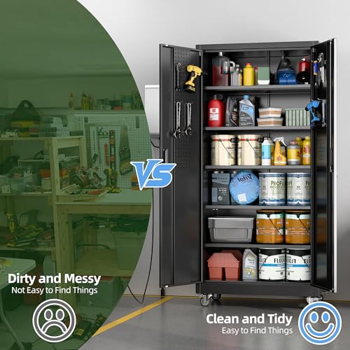 Aobabo Upgraded Garage Storage Cabinets with Wheels,Metal Storage Cabinets with 5 Adjustable Shelves for Garage Home Office Storage, Black,71''H*34''W*18''D,Assembly Required