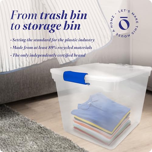 HOMZ 4-Pack 31 Quart Latching Lid, Clear Plastic Storage Organizer Bins, Blue – Stackable Containers for Home & Office Shelves, Kitchen, Garage, and Bathroom Organization