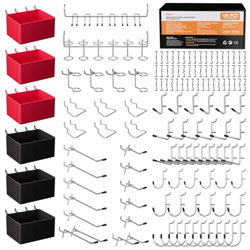 INCLY 126PCS Peg Board Organizer Accessories Kit, Pegboard Hooks Assortment with 6 Bins for Organizing Various Tools, Fit 1/8 or 1/4 inch Pegboard for Hanging Storage, Garage, Workbench, Craft Room