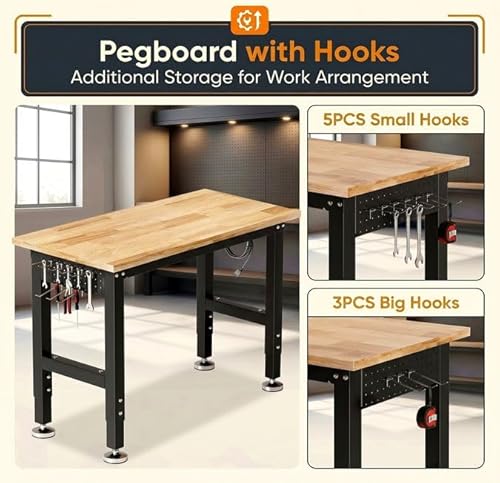 TLGREEN 48" Adjustable Workbench | Solid Rubberwood Top | 2000lbs Heavy-Duty Work Table | Pegboard, Hooks & Power Outlets | Garage, Workshop, Office