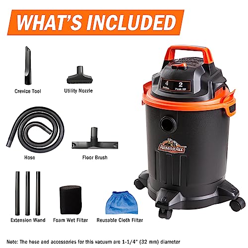 Armor All VO405P 0901 4 Gallon Wet/Dry Vac 2.0 Peak HP Shop Vacuum with Nozzles & Brush,Black/Orange