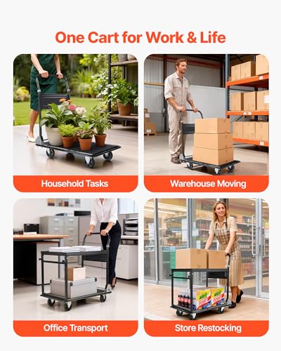 VEVOR Heavy Duty 2 Tier Platform Hand Truck, 700 lbs 2 Tier Push Tool Cart with High-Strength Steel, Utility Cart for Warehouse, Garage, Workshop, Office