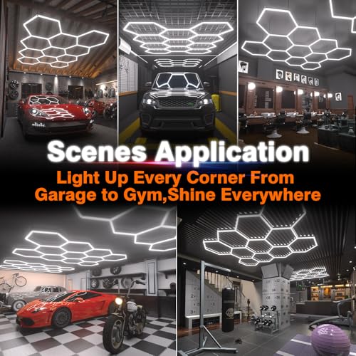 Litezone Hexagon Garage Lights : 3 Level Dimmable 322W Tube 11 Grids Hexagon LED Lights - Easy Install 6500K Super Bright Hex Lights for Garage, Home Gym, Shop, Workshop, Basement, Studio