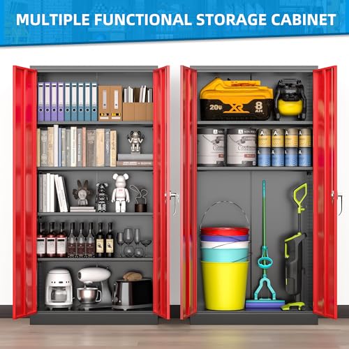 Superday 72" Lockable Steel Storage Cabinet, Locking Metal Storage Cabinets, Tall Black Red Cabinet with 2 Doors and 4 Adjustable Shelves for Garage, Home Office, Classroom, File, Easy Assemble