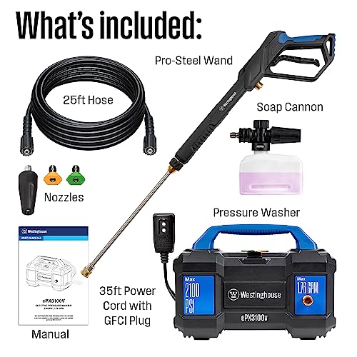 Westinghouse ePX3100v Electric Pressure Washer, 2100 Max PSI 1.76 Max GPM, Built-in Carry Handle, Detachable Foam Cannon, Pro-Style Steel Wand, 3-Nozzle Set, for Cars/Fences/Driveways/Home/Patios