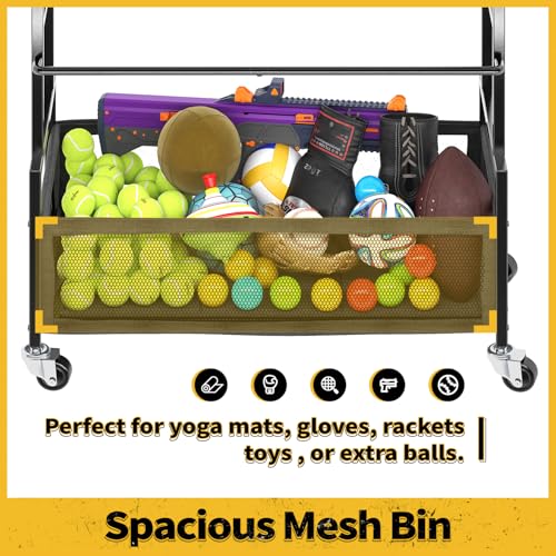 SOYEEZE Sports Equipment Organizer- Ball Storage for Garage,4 Tiers Outdoor Toy Storage,Soccer Racks,Basketball Shooting Training Stand Cart with Wheels and Hooks for Home-School and Gym Use