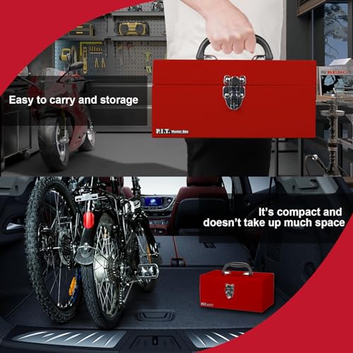 P.I.T. 12 Inch Tool Box,Portable Small Steel ToolBox with Metal Latch Closure for Household, Warehouse,Tools Storage,Red
