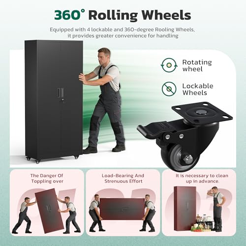 Greenvelly 73" Storage Cabinet with Wheels,Metal Rolling Garage Cabinet with Locking Doors and 4 Adjustable Shelves for Home,Kitchen,Office,Warehouse(32" W x 16" D)