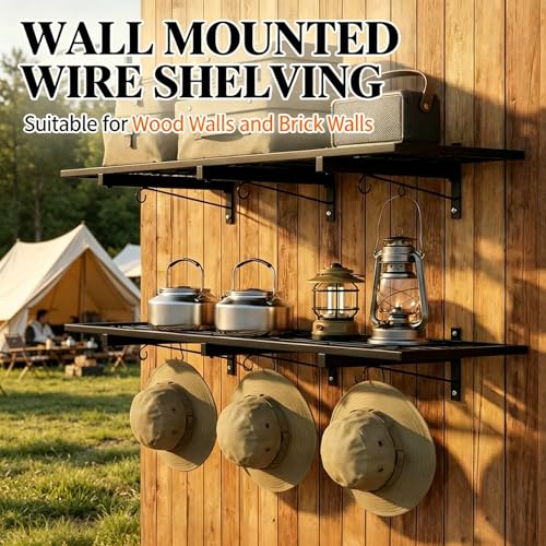 2 Pack Heavy Duty Garage Wall Shelves, 46"x12.5" Wall Mounted Floating Storage Shelf with 8 Hooks, Reinforced Powder Coated Steel Industrial Shelving, 380 LBS Load Capacity for Basement Workshop Shop