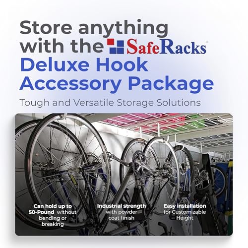 SafeRacks Deluxe Accessory Hook Package for Garage Storage - Heavy Duty Steel Utility Hangers for Wall Mount - Organize Tools, Ladders, Bikes - White