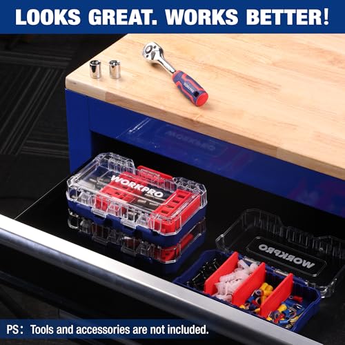 WORKPRO Small Parts Organizer 3 Pieces, Portable Stackable Hardware Storage Case with Removable Dividers, Clear Lid Tool Box Organizer for Screws, Bolts, Nails, Craft Supplies and Small Accessories