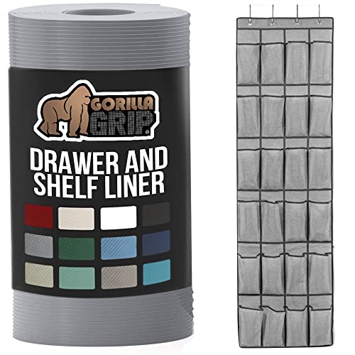 Gorilla Grip Ribbed Drawer Liner and Over the Door Shoe Organizer, Drawer Liner Size 12x10, Waterproof, Shoe Holder Includes 24 Pockets, Mesh, Both in Gray, 2 Item Bundle