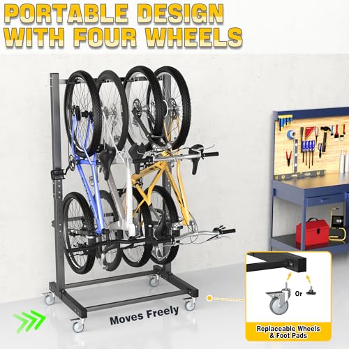 Ultrawall Freestanding Bike Rack with Wheels, Vertical Bike Storage Stand for Garage, Indoor Bicycle Organizer Holds Up to 4 Bikes, Heavy-Duty Steel Bike Rack