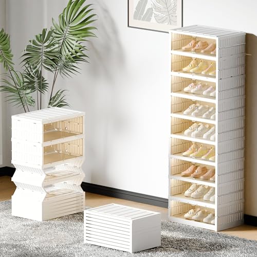 FLEXIMOUNTS Shoe Rack Organizer Storage Box 9 Tiers-18 Pairs, Portable Folding Shoe Rack for Closet Entryway, Collapsible Shoe Cabinet with Magnetic Clear Door for Front Door Entrance