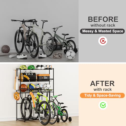 Riodalare 4 Bike Stand, Bike Rack Garage with 3-Tier Storage Baskets, Indoor Outdoor Bicycle Storage Stand Organizer, Metal Stability Floor Bicycle Station for Mountain, Road, Hybrid, Scooters