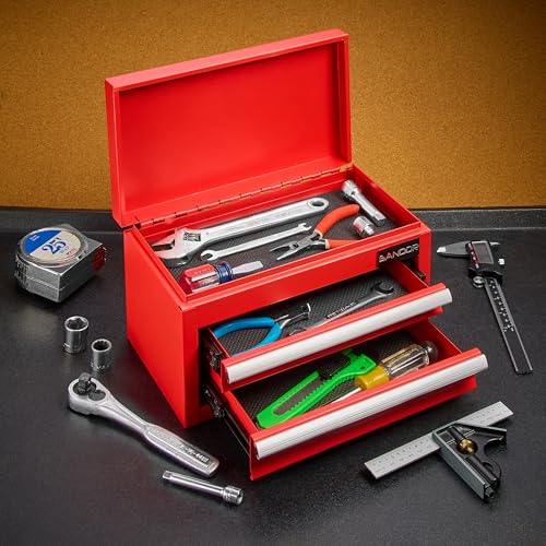 Mini Tool Box - Metal Tool Chest with 2 Drawers & PVC Drawer Liners for Workbench or Desk, Powder-Coated Steel Small Toolbox - Multi-Purpose Storage for Machinists Tools, DIY, 3D Printer Parts - Red