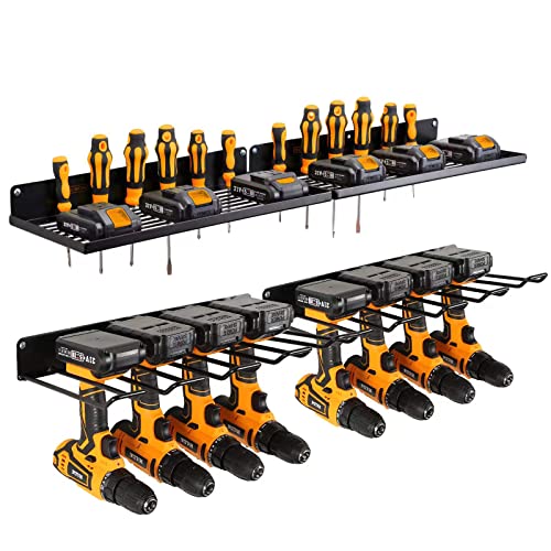 UU-Major Power Tool Organizer with Charging Station,Drill Holder Wall Mount,Garage Storage Shelves for Organization and Storage,Heavy Duty Pegboard Wall Organizer Set Solid Metal Black 2 Pack 4 Set…