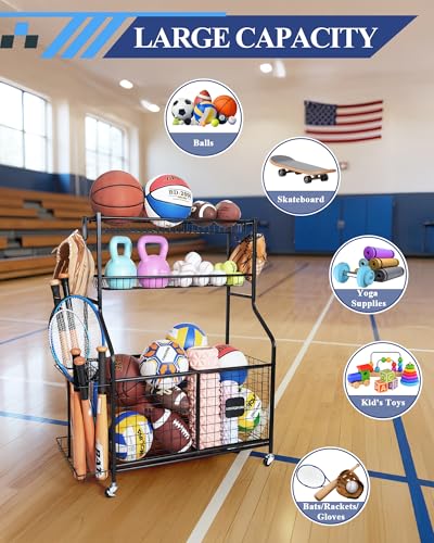 Logicexplore Sports Equipment Storage Organizer Rack with Rolling Wheels, Garage Ball Storage Cart for Basketball, Soccer, Baseball, Heavy-Duty Metal Sports Rack for Garage, Home, School Gym