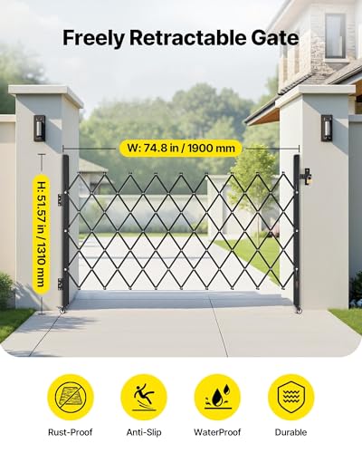 VEVOR Single Folding Security Gate, Lockable Scissor Gate with 360° Swivel Casters, Outdoor Barricade Steel Retractable Gates, for Entry Security, Garage, Warehouse & Pool, 74.80 x 51.57 in (W x H)