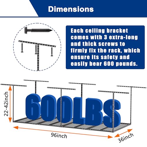 GIOTORENT 3x8FT Heavy Duty Overhead Garage Storage Rack - Adjustable Ceiling Shelving with 600lbs Weight Capacity, Metal Garage Organization System, Black
