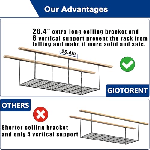 GIOTORENT 3x8FT Heavy Duty Overhead Garage Storage Rack - Adjustable Ceiling Shelving with 600lbs Weight Capacity, Metal Garage Organization System, Black