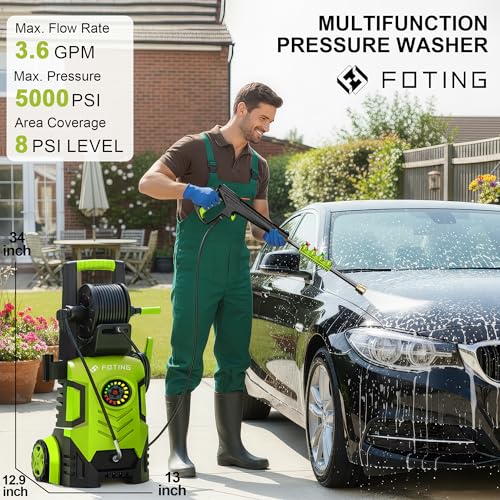2026New Pressure Power Washer 5000PSI with Adjustable Touch Screen 8 Level, 34" Tall, 4 Quick Connect Nozzles,Inlet Hose&Filter&500mlFoam Cannon for Cars/Fences/Driveways/Home Cleaning (Yellow)