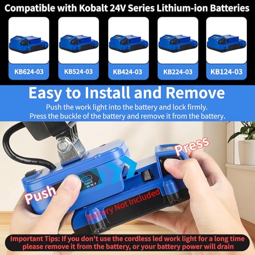 Fiihio Portable LED Work Light Compatible with Kobalt 24V Battery, 48W 4200LM Cordless Flood Lights with USB & Type-C, Low Voltage Protection, for Job Site Lighting, Camping Outdoor (No Battery)