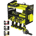 BUILTSTRONG Power Tool Organizer Wall Mount – 3-Tier Heavy-Duty Steel Rack, 4 Drill Slots, Pegboard + Utility Side, 100 lb Capacity – Garage, Workshop & Shed Storage (Green)