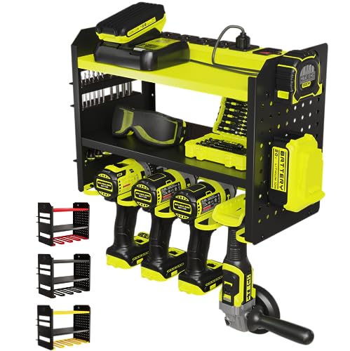 BUILTSTRONG Power Tool Organizer Wall Mount – 3-Tier Heavy-Duty Steel Rack, 4 Drill Slots, Pegboard + Utility Side, 100 lb Capacity – Garage, Workshop & Shed Storage (Green)