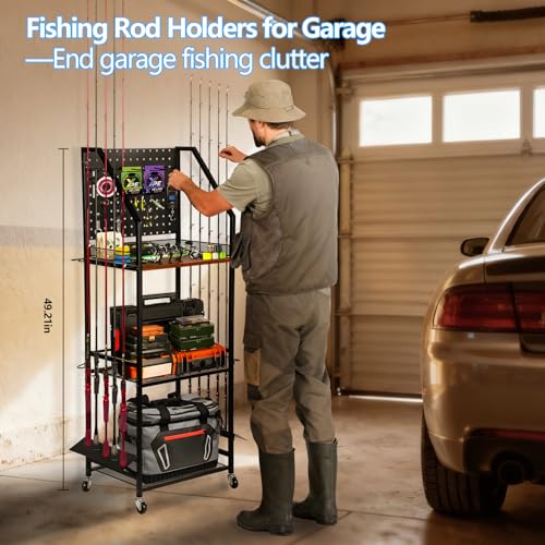 Fishing Rod Holder for Garage Organization, Fishing Rod Rack, Fishing Gear Storage up to 12 Rods with Pegboard & Hooks, Heavy Duty Fishing Cart with Wheels for Fishing Storage,Tackle Box (Large)
