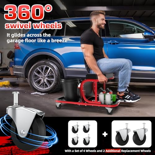 Rolling Shop Stool Chair with Wheels, Mechanic Garage Stool on Wheels, Auto Car Detailing Stools Seat with Tool Tray Storage for Garage Work, Workshop, Home, Garden, DIY, 300 LBS Capacity,Red