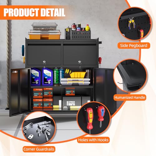 Aobabo Rolling Metal Storage Cabinet with Wheels, Heavy Duty Steel Garage Tool Cabinet with 2 Drawers, Pegboard & 4 Hooks, Lockable Mobile Organizer with Adjustable Shelves, Black, Assembly Required