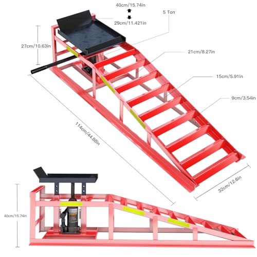2 PCS Hydraulic Car Ramp, 5T Heavy-Duty, Red,Lifting Height 9.8-15 in
