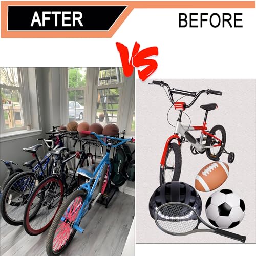 LuckySlycyc 4 Bike Rack Garage,4 Bike Stand for Garage,4 Bike Storage Rack,With storage basket adjustable hooks black metal bike stand floor for most 3"- 4" tyres bikes (4 Grids)