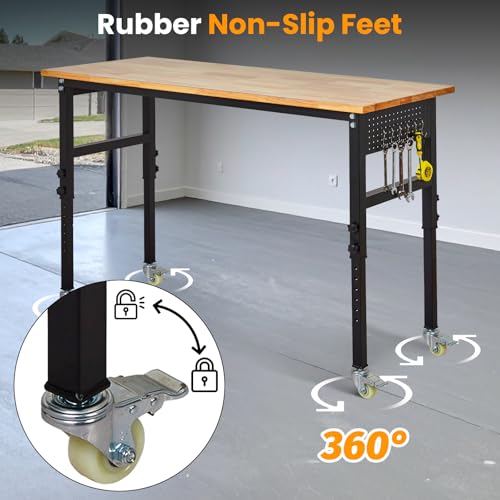 48" Adjustable Workbench, 8-Level Height Adjustable Rolling Work Table with Casters & Scale, Sit & Stand 2-in-1 Garage Tool Table with Pegboard & Hooks, for Workshop, Warehouse, DIY Projects