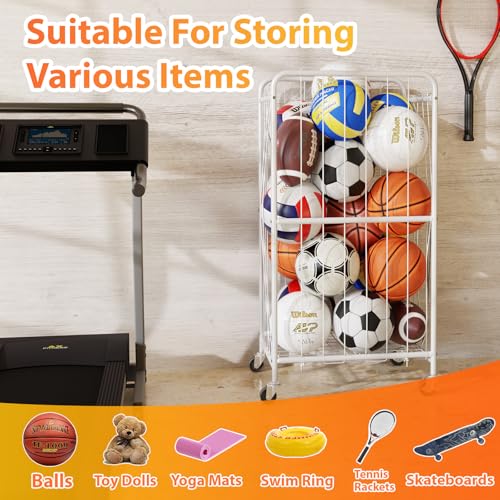 Olldide 210L 43-Inch Large Ball Storage Basket with Wheels, Rolling Cart Sports Equipment Garage Organizer with Elastic Rope for Easy Access, Holder for Basketball, Soccer, Volleyball, Football