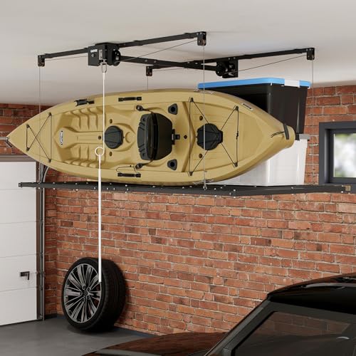 Garvee Overhead Garage Storage Rack Lift, 4x8 ft Ceiling Mounted Storage Racks, 12FT Max Adjustable Height, 800lbs Weight Capacity, Heavy-Duty Metal Ceiling Rack for Organization