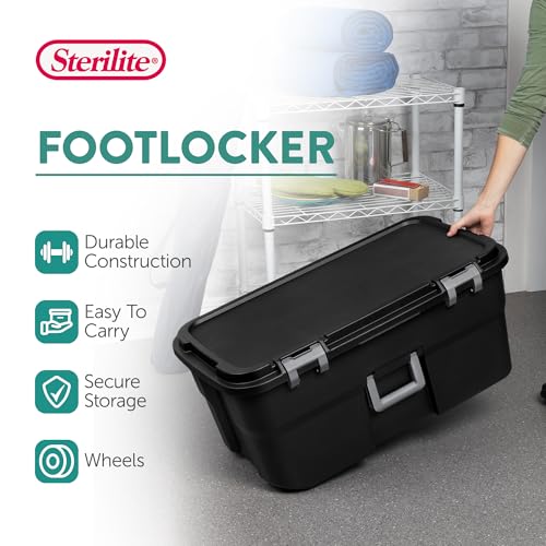 Sterilite 3 Pack Wheeled Footlocker, 22 Gallon Plastic Storage Container with Latching Lid and Handles, Black - Large Stackable Bin Home Organizer