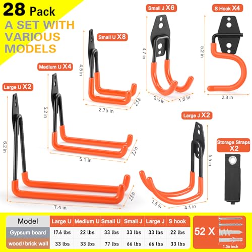 LUPYJI 28 Pack Heavy Duty Garage Hooks, Utility Wall Mounted Storage System, with Anti-Slip Coating Hanger, for Hanging Power and Garden Tools, Ladders, Bikes, Ropes and Bulk Items