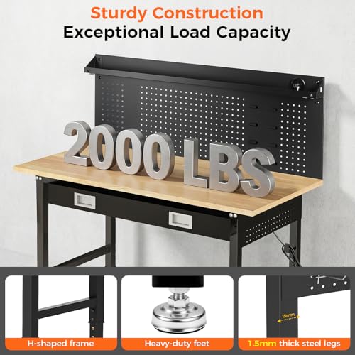 60" Adjustable Work Bench with Drawers, Workbench for Garage with Strip Light, Work Table with Large Pegboard, 2000 LBS Heavy Duty Table with Power Outlet Rubber Wood for Office, Workshop