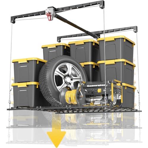 Overhead Garage Storage Rack for 8-10ft Ceiling, Heavy-duty 4x4 FT Garage Ceiling Storage Racks with Safety Lock, Ideal for Storage Mounted Lift System and Storage Organizer, 250lbs Capacity