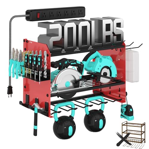 CFMASTER 3 Layer Heavy Duty Power Tool Organizer Wall Mount with Charging Station, Adjustable Metal Storage Rack, 6 Outlets Power Strip, Drill Holders, Hooks & Drill Bit Rack for Garage, Workshop, Red