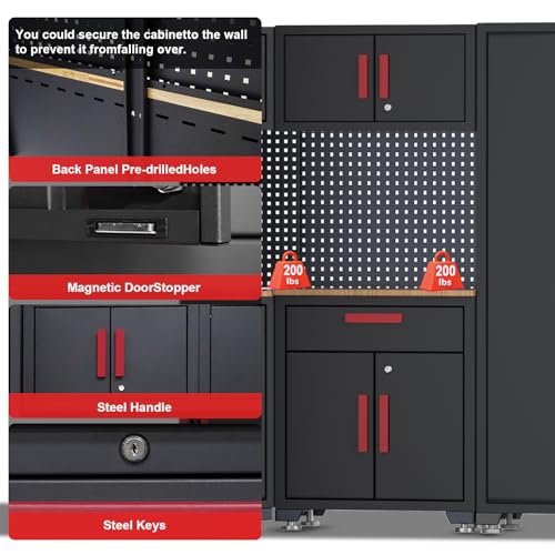 Tsnritor Garage Storage Cabinet System, 6-Pcs Garage Cabinets and Storage System Corner Workshop Set with Corner Cabinet, Cabinet Drawers, Workbench, Pegboard for Tool Organization, Black and Red