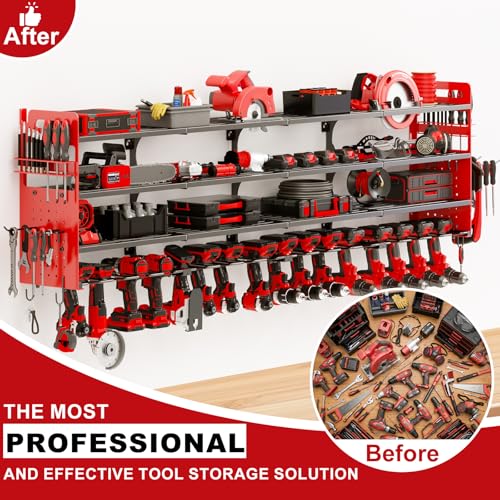 Neatolgrid Large Power Tools Organizer Wall Mount, 16 Drill Holder for Garage, Workshop Heavy Duty Storage Rack(Red)