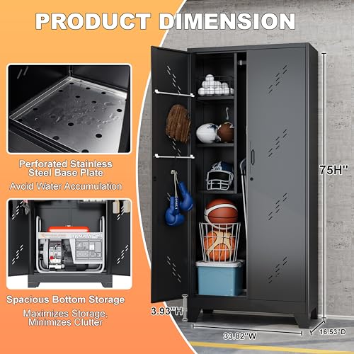 YILFANA Golf Bag Storage Cabinet Fits 2 Bags, Metal Golf Bag Organizer with Lockable Doors, 75" Sports Equipment Organizer for Garage, Home, Office, Gym