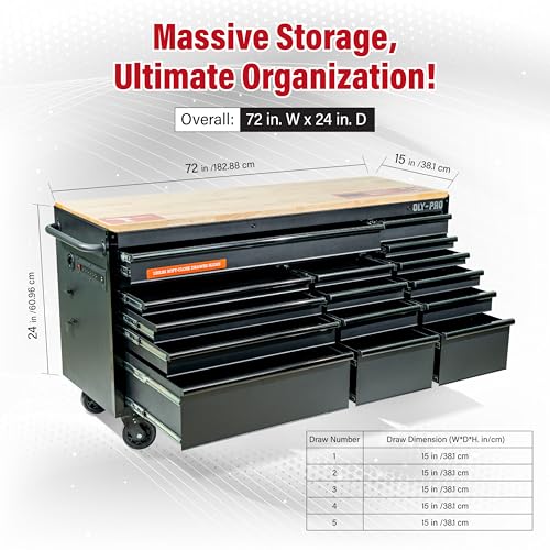 Olympia Tools 72 inch Heavy Duty Mobile Tool Chest Tool Box, with Solid Wood Top Workbench, 15-Drawer Rolling Tool Chest, Tool Storage Organizer for Garage, Workshop, and Home, Black