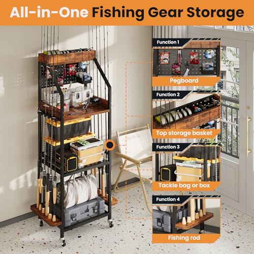KITIVIALA Fishing Rod Holder for Garage with Hooks & Pegboard, 3-Tier Fishing Pole Rack Holds 12 Rods, Rolling Fishing Rod Storage Organizer with Wooden Tool Box, Fishing Tackle Shelf for Anglers