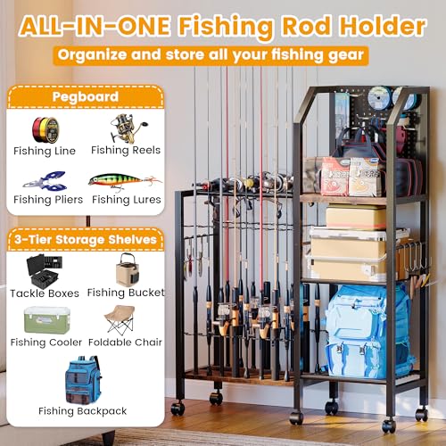 Fishing Rod Holders for Garage, Convenient Pegboard with 14 Long Utility Hooks, Fishing Rod Rack Up to 16 Rods, 3 Tier Fish Pole Stand with Fishing Reel Holders & 8 Hooks for Fishing Gear Accessories