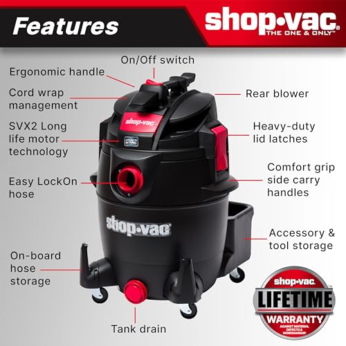 Shop-Vac 5801411 14-Gallon Wet/Dry Shop Vacuum, 5.5 Peak HP, 2.5 Inch Diameter x 7 Foot Hose, 20 Foot Cord, Ideal for Home, Garage, and Workshop Cleaning